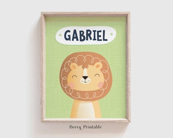 Cute Lion wall art, Custom name poster, Boy room decor, Nursery wall decor, Safari print, Playroom decor, Baby room sign, Digital file