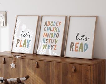 Playroom Set of 3, Let's Learn Printable, Let's Read Sign, Kids Playroom Wall Art, Alphabet Poster, Classroom set, Education printable P12F