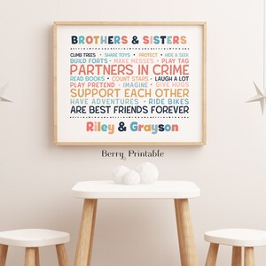 Pu&ograve; includere: Una stampa d'arte da parete stampabile con uno sfondo bianco e un design colorato. Il testo recita "Brothers & Sisters" e elenca le attivit&agrave; che i fratelli e le sorelle fanno insieme, come "arrampicarsi sugli alberi", "condividere i giocattoli", "costruire forti", "fare dispetti", "giocare a nascondino", "leggere libri", "contare le stelle", "ridere molto", "fare finta", "immaginare", "fare le coccole", "sostenersi a vicenda", "fare avventure", "andare in bicicletta", e "essere i migliori amici per sempre". I nomi "Riley & Grayson" sono in fondo alla stampa.