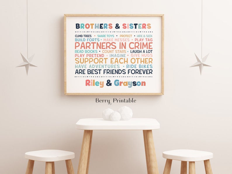 Pu&ograve; includere: Una stampa d'arte da parete stampabile con uno sfondo bianco e un design colorato. Il testo recita "Brothers & Sisters" e elenca le attivit&agrave; che i fratelli e le sorelle fanno insieme, come "arrampicarsi sugli alberi", "condividere i giocattoli", "costruire forti", "fare dispetti", "giocare a nascondino", "leggere libri", "contare le stelle", "ridere molto", "fare finta", "immaginare", "fare le coccole", "sostenersi a vicenda", "fare avventure", "andare in bicicletta", e "essere i migliori amici per sempre". I nomi "Riley & Grayson" sono in fondo alla stampa.