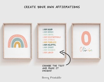 May include: Three printable wall art prints with a rainbow, affirmations, and a personalized initial and name. The rainbow is in shades of pink, blue, and yellow. The affirmations are in a colorful font and include phrases like "I am kind", "I am brave", and "I am loved". The initial is a large pink "O" with the name "Olivia" written in a colorful font below.