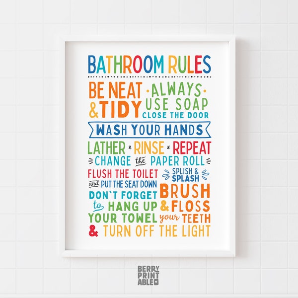 Bathroom rules Printable wall art, Kids bathroom decor, Kids Wall art, Children bathroom sign, Toddler decor, Wash your hands, P12R