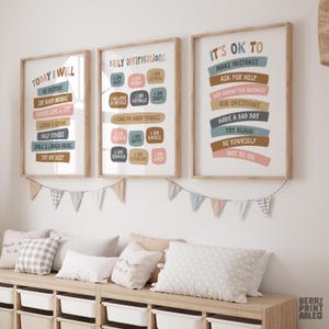 Positieve affirmaties voor kinderen, neutrale speelkamer set van 3, it's OK to printable, klasinrichting, Today I Will Sign, I Am-poster, P72N