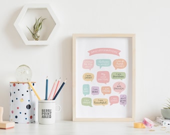 Arte de pared con afirmaciones positivas, arte de pared imprimible para niña, póster "Soy", decoración en colores pastel, arte de pared para habitación de niña, decoración infantil P70TH