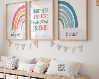 Brothers Sisters Rainbow Print Set, Custom Kids Playroom Art P72P