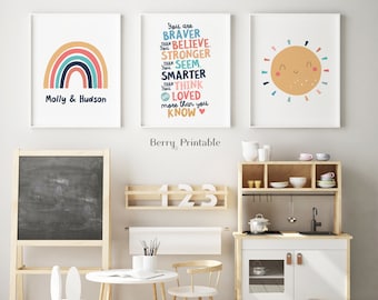 Playroom printable wall art, Custom name poster, Kids playroom decor, Brother sister printable, Rainbow poster, Siblings wall art, P72C