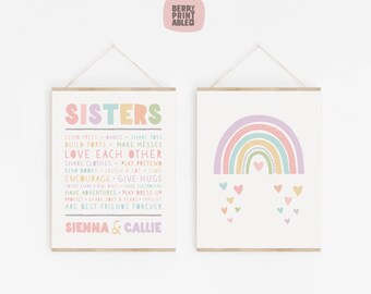 Sisters Bedroom Printable Wall Art, Custom Name Playroom Sign, Baby Girl Nursery Pink, Pastel Rainbow, Siblings Shared Play Area P70TH