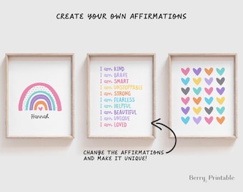 May include: Three printable wall art designs featuring a rainbow with the name "Hannah", a list of positive affirmations, and a grid of colorful hearts. The text reads "Create Your Own Affirmations" and "Change the Affirmations and Make it Unique!" The bottom right corner has the text "Berry Printable".