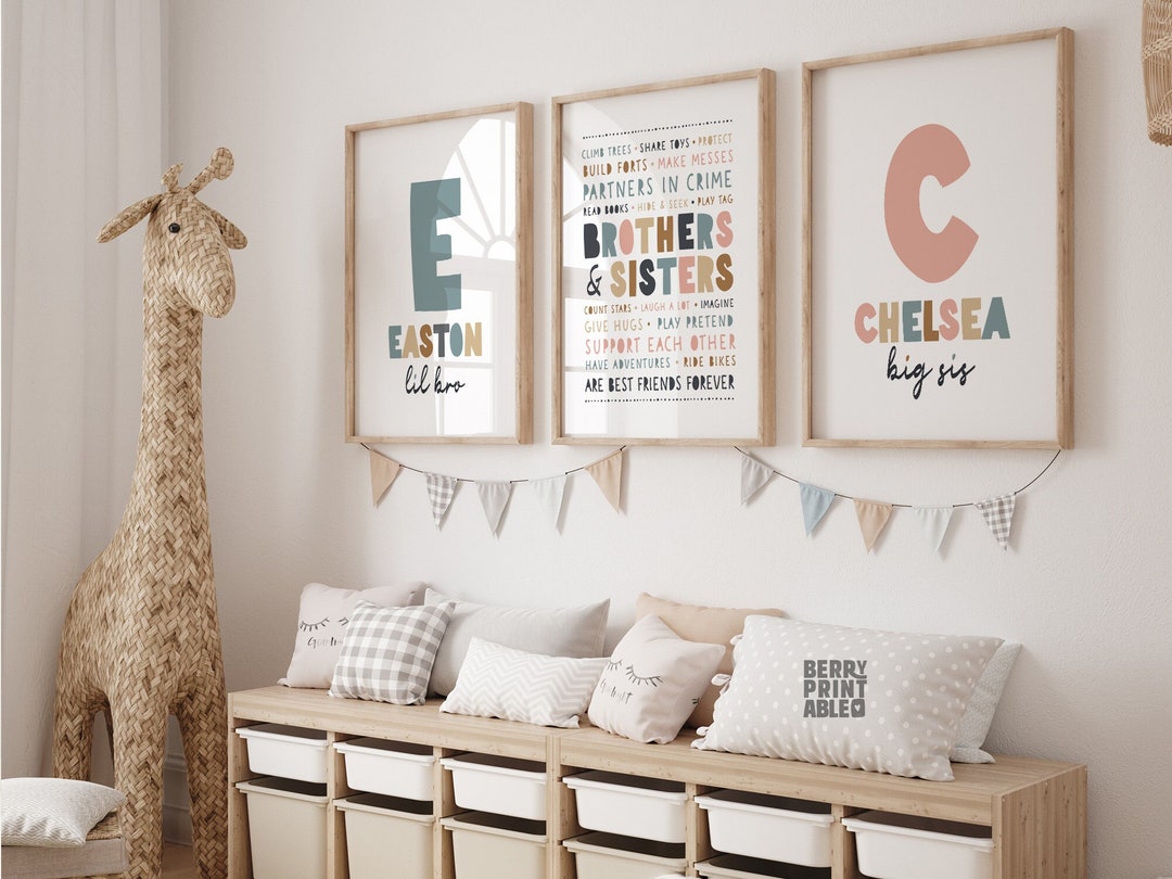 Kids Room Printable Wall Art Set of 3, Custom Poster, Big Sis Lil Bro ...