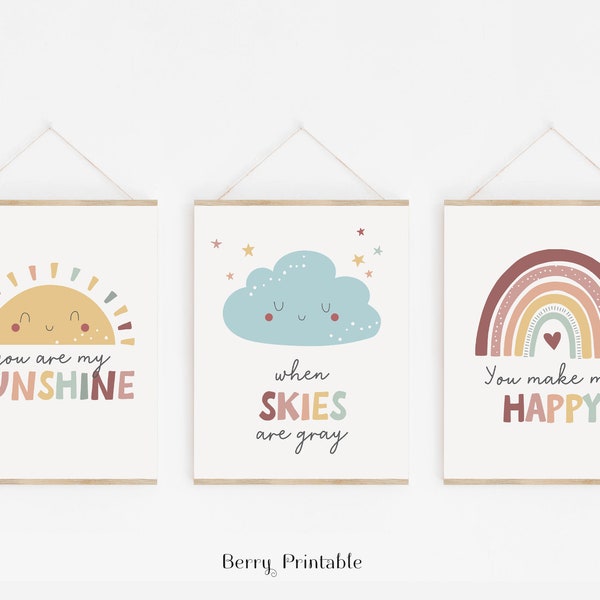 You are my sunshine printable art, set of 3 prints, Neutral printable Decor, Lullaby poster, Nursery Wall Art, Child bedroom decor, P72S