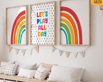 Vamos Brincar o Dia Todo - Conjunto de 3 Pôsteres Arco-Íris para Imprimir, Decoração de Parede para Sala de Jogos, Decoração para Educação Domiciliar, Cores Primárias, Pôsteres para Sala de Aula Infantil, Bolinhas P72R