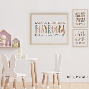 Playroom rules Printable Set of 3, Custom sign, ABC print, Playroom decor, Siblings wall art, 123 poster, Homeschool decor, Alphabet, P72N