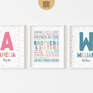 Brothers and Sisters druckbare Wand Kunst 3er Set, benutzerdefinierte Poster, Kinder Spielzimmer Zeichen, Kinder Regenbogen Dekor, Kinderzimmer Dekor DIGITAL ATE P72P