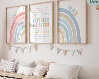 Kunst aan de muur broers en zussen, afdrukbare gedeelde kamer, regenboogpastelkleuren, aangepast bord speelkamer, decor slaapkamer, broers en zussen, peuter P72RP