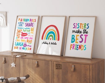 Sisters printable wall art, Playroom rules sign, Rainbow Set of 3, Custom poster, Kids bedroom decor, Siblings wall decor, DIGITAL FILE P72R