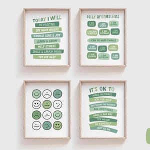 Saliegroene speelkamer Set van 4, positieve affirmaties voor kinderen, afdrukbaar, My Feelings-bord, vandaag zal ik afdrukken, I Am-poster P12A
