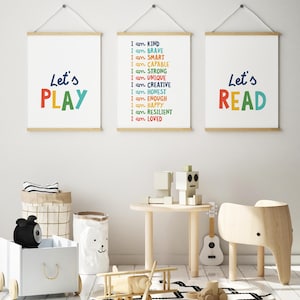 Playroom Set of 3, Positive Affirmations for Kids, Let&#39;s Play Printable, Let&#39;s Read, Kids Playroom Wall Art, I Am Poster, Navy Blue P12N