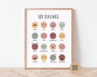 May include: A printable chart with colorful circles and different facial expressions representing various emotions. The chart is titled "My Feelings" and includes emotions such as happy, sad, proud, tired, worried, calm, embarrassed, silly, angry, disappointed, scared, loved, excited, shy, confused, and frustrated.