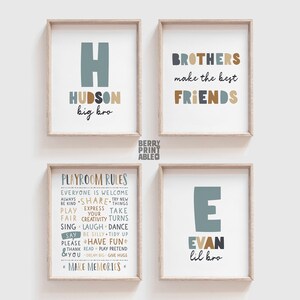 Juego de 4 impresiones de arte de pared para hermanos, póster con nombre personalizado, decoración de sala de juegos para niños, decoración de habitación de niño, letrero con reglas de sala de juegos, ARCHIVOS DIGITALES, P72N