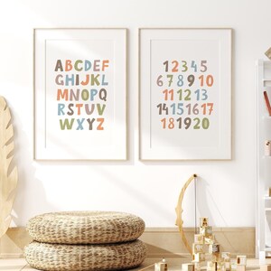 Arte mural imprimible del alfabeto, póster para educación en casa, tabla educativa, juego de 2 para sala de juegos infantil, decoración de aula Montessori, colores del bosque P12F