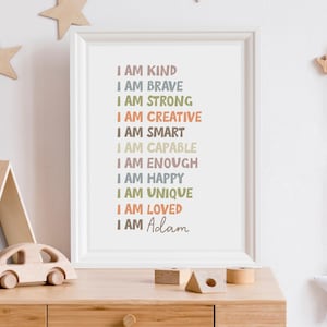 Affirmations printable wall art, I am poster, Custom Affirmations for kids, Positive reminder, Neutral playroom decor, Homeschool P12F