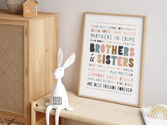 Brothers and sisters printable, Kids bedroom wall art, Playroom decor, Shared room decor, Sis bro poster, Neutral colors, P72N