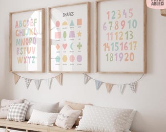 Playroom Set of 3, Shapes Printable, Alphabet poster, Girl Playroom Wall Art, Homeschool Sign, Montessori Classroom for Kids, P70TH