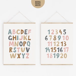Neutrales Spielzimmer 2er Set, Hausschule druckbar, Alphabet druckbar, Zahlenzeichen, Kinderspielzimmer Wandkunst, Montessori druckbares Dekor P72N