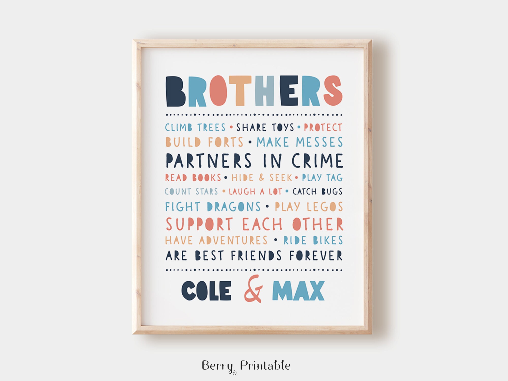Brothers Printable Wall Art, Personalized Sign, Custom Name Poster ...