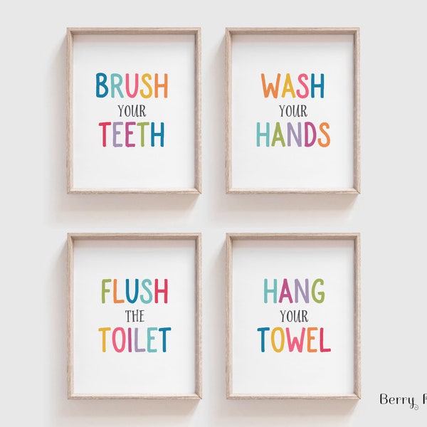 Kids Bathroom set of 4 prints, Bathroom Printable Art, Kids Wall Decor, Brush your teeth sign, Rainbow colours poster, Wash your hands print