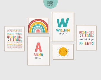 Brothers and sisters printable wall art set of 6, Custom name poster, Kids playroom gallery, Playroom sign, Affirmations I am poster P70RT