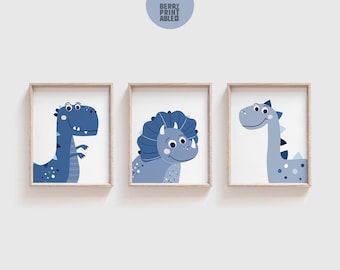 Juego de 3 imprimibles de dinosaurios azules, póster de T-Rex, decoración imprimible de dinosaurios, arte de pared para habitación de niño, tema de dormitorio de dinosaurio para bebé, guardería de bebé niño