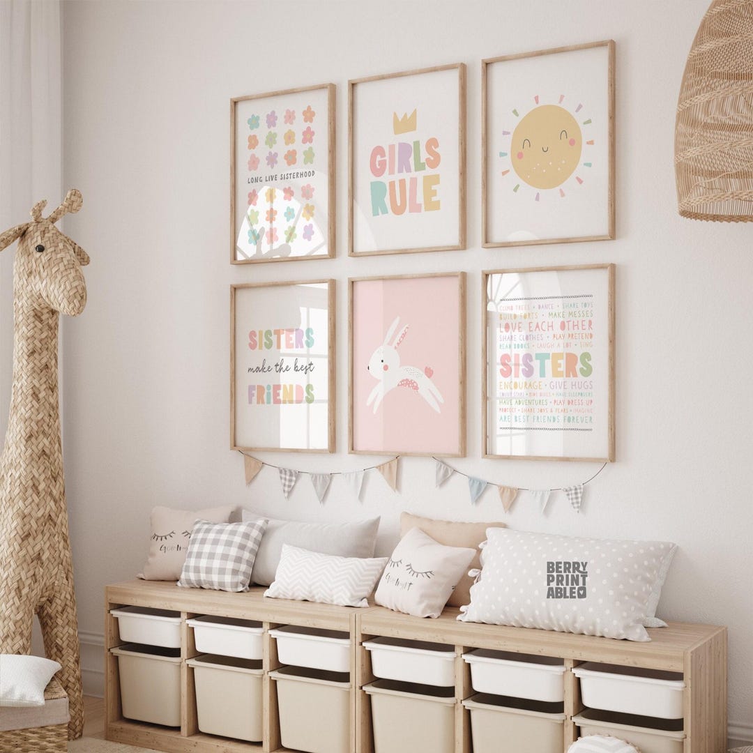 Sisters Printable Set of 6, Girl Room Wall Art, Playroom Sign, Floral ...