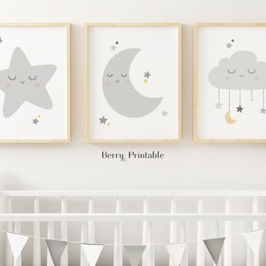 Cute star cloud and moon printable set of 3, Sweet Dreams Wall art, Nursery decor, Baby room poster, Grey room decor, DIGITAL FILE