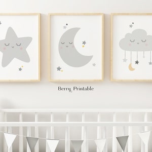 Joli lot de 3 étoiles à imprimer, nuage d'étoiles et lune, art mural Fais de beaux rêves, décoration de chambre d'enfant, affiche de chambre de bébé, décoration de chambre grise, fichier numérique