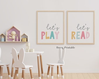Playroom wall art, Girl Room Decor, Let's Play poster, Let's Read sign, Playroom printable, Homeschool Decor, Classroom printable, DIGITAL