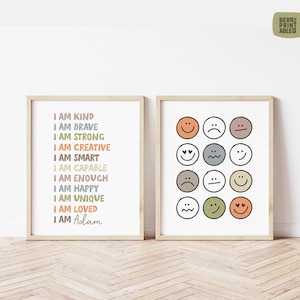 Afdrukbare set van 2 affirmaties, ik ben poster, aangepaste bevestigingen voor kinderen, gevoelensgrafiek, saliegroene muurkunst, decor peuterspeelkamer P12F