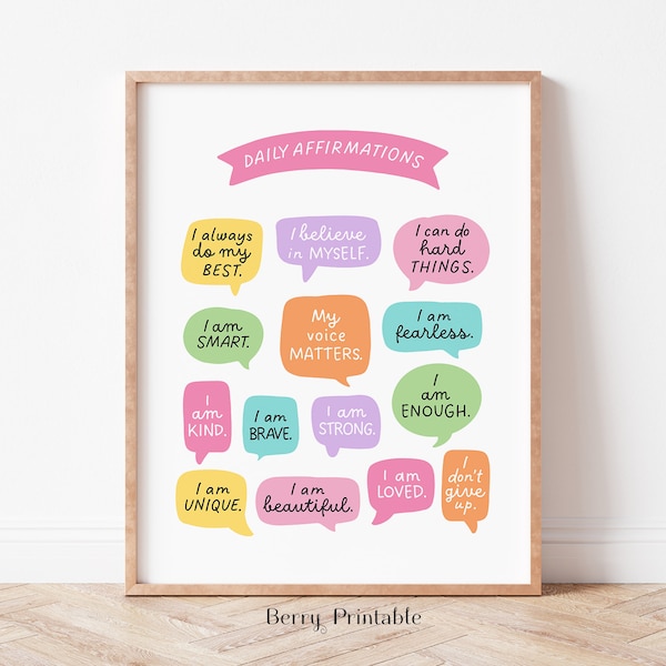 Positive Affirmations wall art, Girl Printable wall art, Playroom decor, Pastel colors poster, Little girl room wall art, Nursery Decor P70P