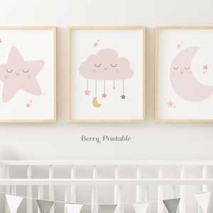 Art mural imprimable pour chambre de bébé, affiche Fais de beaux rêves, étoile mignonne, nuage et lune, décoration de chambre de fille, décoration de chambre de bébé rose, TÉLÉCHARGEMENT NUMÉRIQUE.