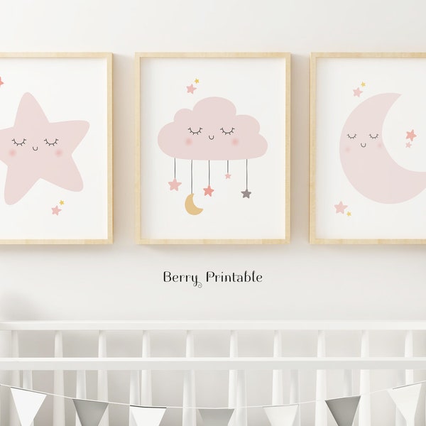 Baby nursery printable wall art, Sweet Dreams poster, Cute star, cloud and moon, Girl room decor, Pink nursery decor, DIGITAL DOWNLOAD.