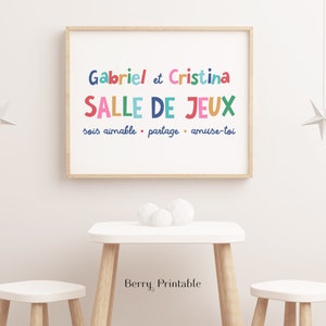 Playroom rules sign in French, Custom poster, Siblings poster, Rainbow printable wall art, Kids room poster, Décor de salle de jeux P76G