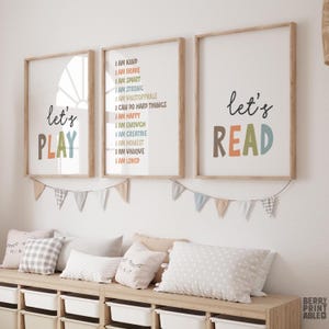 Positive Affirmations for Kids, Neutral Playroom Set of 3, Let's Play Printable, Let's Read Sign, Kids Playroom Wall Art, I Am Poster, P12F
