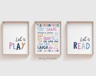 Playroom rules printable wall Art, Girl room Decor, Let's play read poster, Educational sign Classroom wall decor, Homeschool poster P70M
