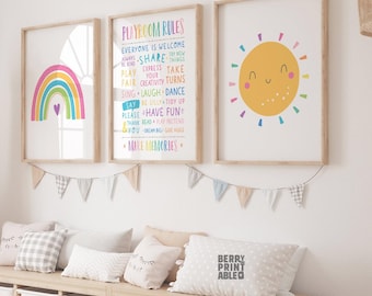 Playroom Rules Wall Art Set, Bright Rainbow, Kids Room Decor, Homeschool Sign P70A