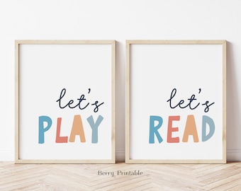 Set of 2 Playroom Prints, Kid Room Decor, Let's Play poster, Let's Read sign, Playroom Wall Art, Homeschool Decor, classroom printable, P72C