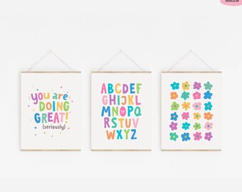 You are Doing Great Wall Art Set, Bright Colors Alphabet, Kids Play Area, Floral Nursery Decor P70A