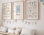 Illustrated Alphabet, Custom Playroom Wall Art, Letters and Numbers Set, Toddler Boy Poster, Pastel Neutral Colors, Educational Decor P120N