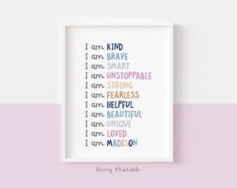 Affirmations printable, Playroom Wall Art, Custom Affirmations for Girls, Daily Reminder Sign, Toddler Bathroom Decor, I am Poster P70M