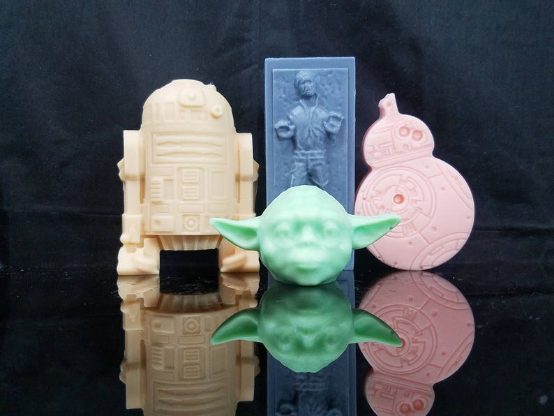 Star Wars inspired gift set. 4 soaps R2D2, Han Solo, BB8, Yoda 5.75oz. Mix of our Triple Butter Shea, Mango, Cocoa and glycerin soaps. image 1