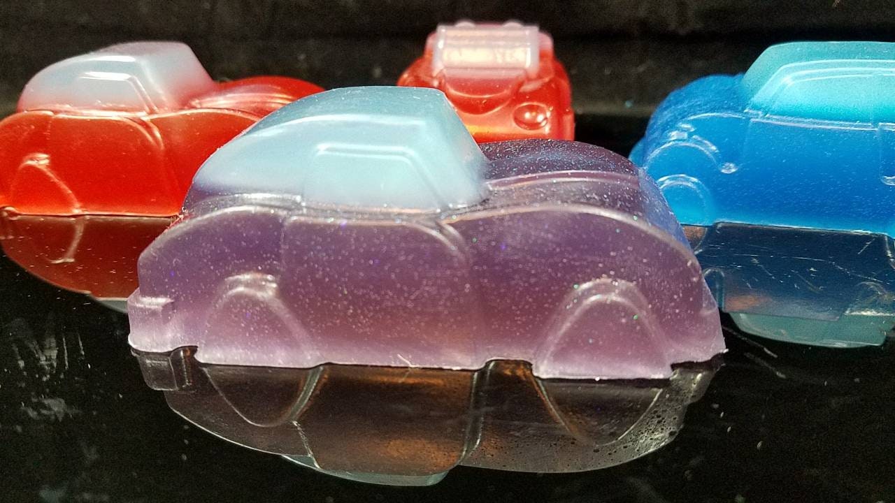 Set of 3 Sports Car Soaps. Assorted Cars. 3.5 Oz. Luxury Luxe Glycerin Soap  With Choice of Color and Added Glitter for That New Car Sparkle. 